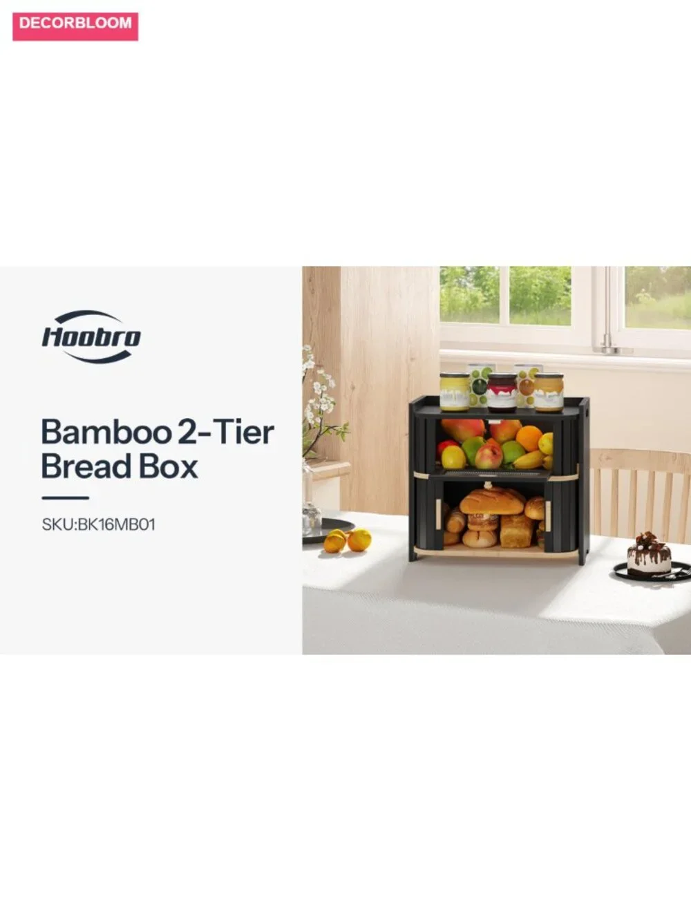 2-Tier Bamboo Bread Box with Roll-Top Sliding Door, Acrylic Window, Ventilated